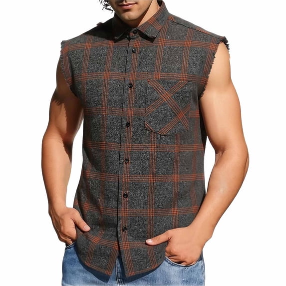 Hilenly Sleeveless Plaid Shirt for Men Cowboy Button Down Shirts Summer Beach Tank Tops Streetwear