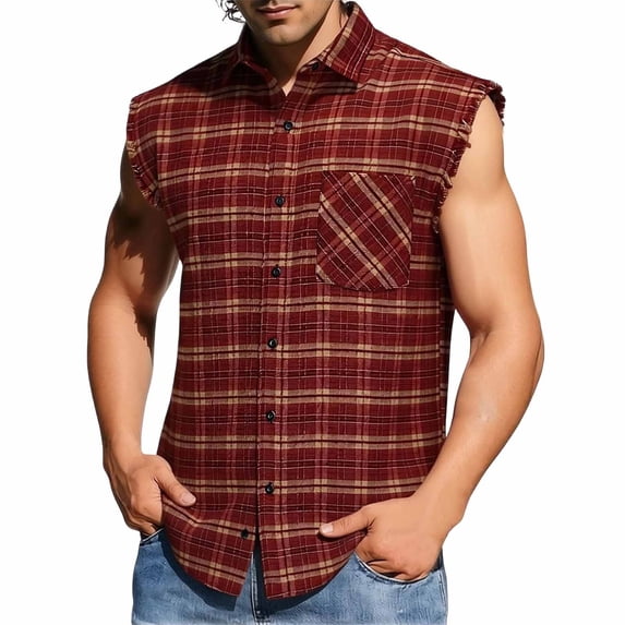 Hilenly Sleeveless Plaid Shirt for Men Cowboy Button Down Shirts Summer Beach Tank Tops Streetwear