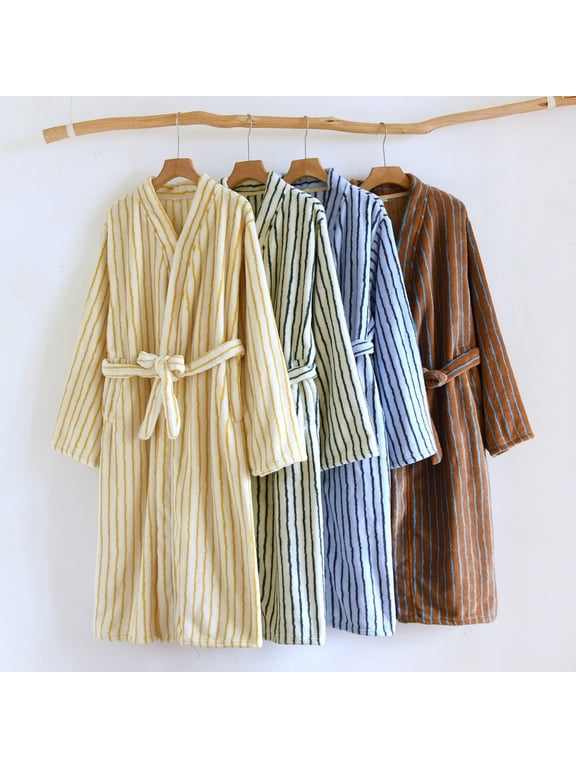 Striped Plush Robes for Women Long Fluffy Bathrobe Warm Cozy Robe with Belt and Pockets