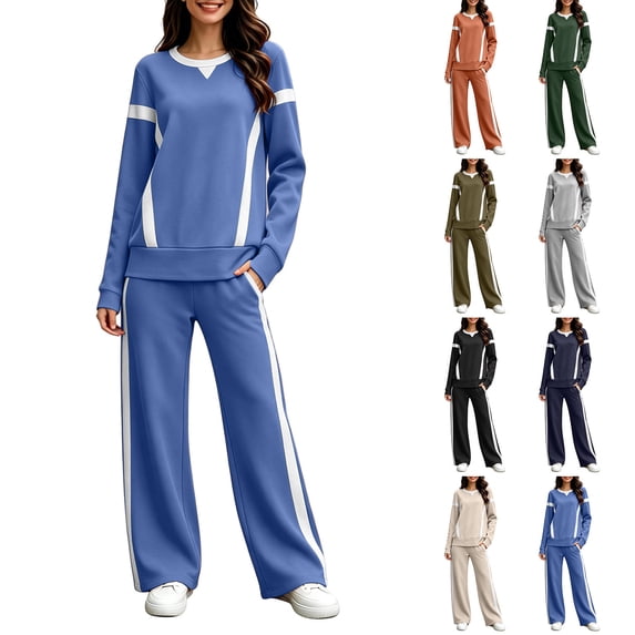 Hilenly Tracksuits for Women Set Two Piece Outfits Long Sleeve Color Block Crewneck Sweatsuit Fall Trendy Lounge Set