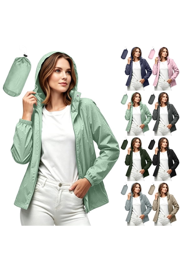 Waterproof Rain Jacket Women Long Sleevee Zip Up Hooded Rain Coat Lightweight Packable Rain Jackets for Hiking Travel