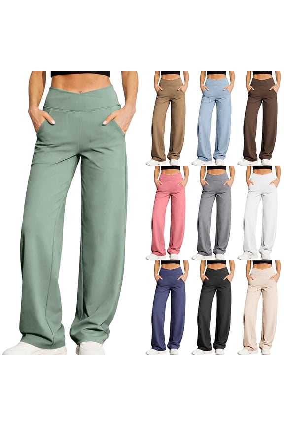 Wide Leg Yoga Pants for Women Crossover High Waist Yoga Pants with Pockets Straight Leg Gym Workout Pants