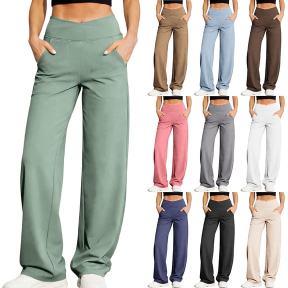 Hilenly Wide Leg Yoga Pants for Women Crossover High Waist Yoga Pants with Pockets Straight Leg Gym Workout Pants