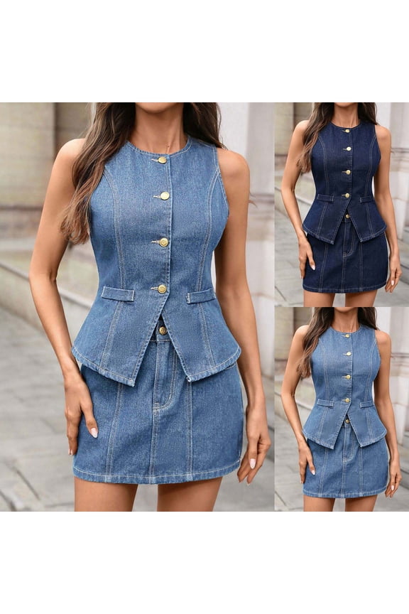 Women 2 Piece Denim Set Button Sleeveless Jean Vest Denim Top and Mini Skirt Matching Sets Women Clothing Summer Outfits