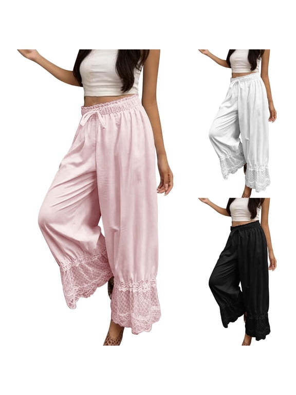 Women Lace Trim Long Bloomers Ruffle Victorian Vintage Pantaloons Summer Beach Travel Lounge Pajama Bottoms