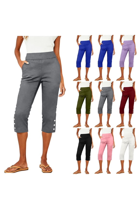 Women's Capris Pants Straight Leg Pull On Cropped Golf Pants Side Button Casual Work Capris with Pockets