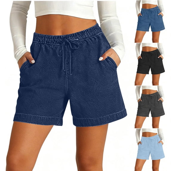 Hilenly Women's Faux Denim Shorts Elastic Wasit Mid Rise Jean Shorts Loose Fit Stretchy Jeans Short Pants