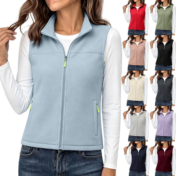 Hilenly Women's Fleece Vest with Zip Pockets Sleeveless Stand Collar Zip Up Fleece Jacket Fuzzy Warm Layer Gilet Outerwear Lightweight Fleece Vest for Hiking Running Travel