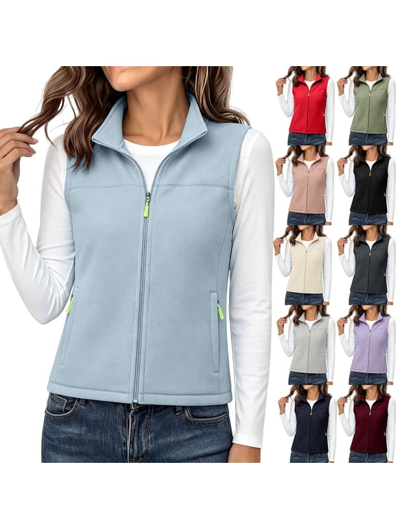Women's Fleece Vest with Zip Pockets Sleeveless Stand Collar Zip Up Fleece Jacket Fuzzy Warm Layer Gilet Outerwear Lightweight Fleece Vest for Hiking Running Travel