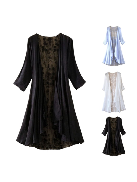 Women's Lace Long Cardigans Open Front Lightweight Cardigan Draped Ruffles Long Sleeve Duster Cover Up