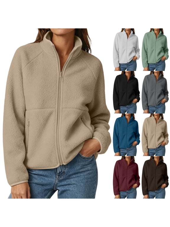 Women's Polar Fleece Jacket Raglan Sleeve Full Zip Stand Collar Fuzzy Coat with Zipper Pockets Casual Warm Fall Winter Outerwear