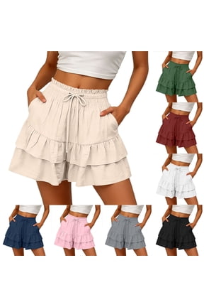 Women's Tiered Ruffle Shorts Cute Shirred Wide Leg Shorts Flowy Summer Beach Shorts with Pockets