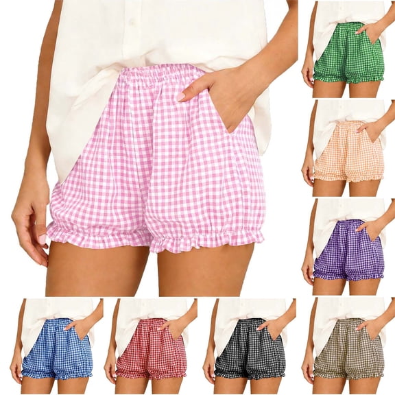 Hilenly Women's Y2K Bubble Shorts Elastic High Waist Ruffle Gingham Shorts Summer Fashion Wide Leg Bloomers