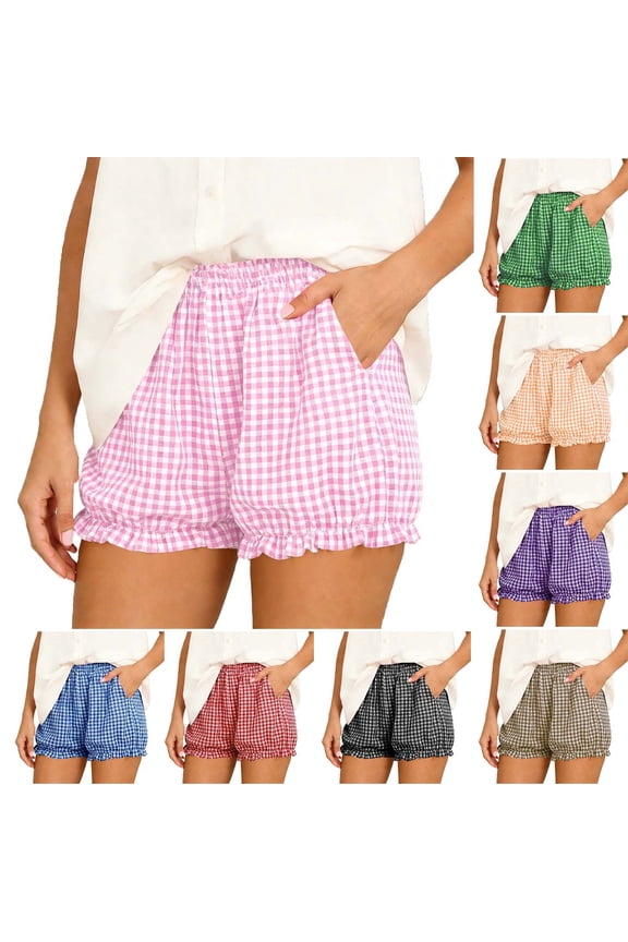 Women's Y2K Bubble Shorts Elastic High Waist Ruffle Gingham Shorts Summer Fashion Wide Leg Bloomers