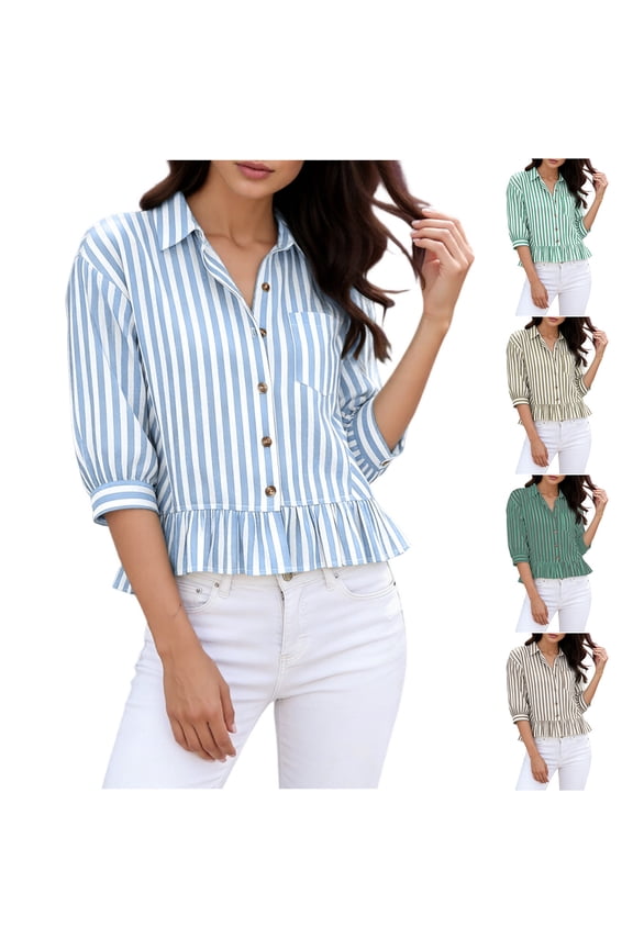 Womens 3/4 Sleeve Striped Button Down Shirts Cropped Collared Tops Ruffle Hem Summer Blouses