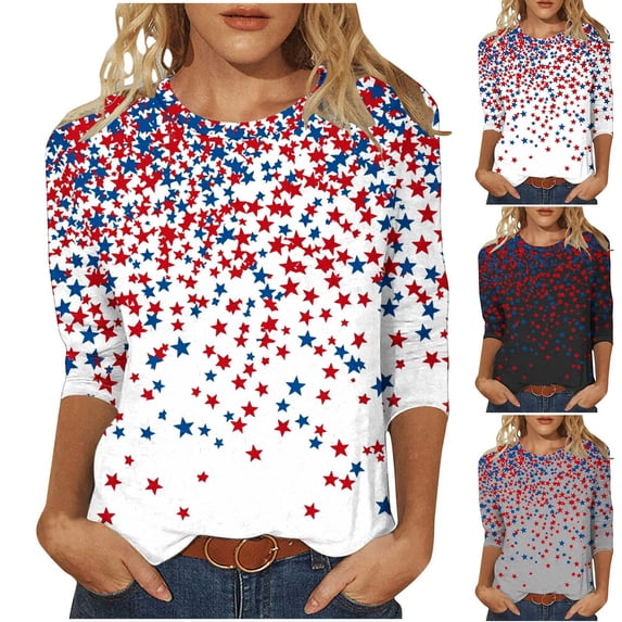 Hilenly Womens 3/4 Sleeve T-Shirts Crew Neck 4th of July Red White Blue Star Graphic Tee Tops