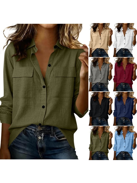 Womens Button Down Shirts Cotton Dress Shirts Long Sleeve Work Blouses Collared Tops with Pockets