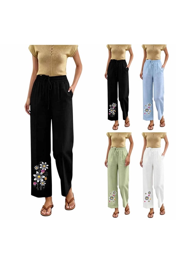 Womens Cotton Linen Summer Pants Floral Pattern Wide Leg Pants Drawstring Pants High Waist Beach Trouser with Pockets
