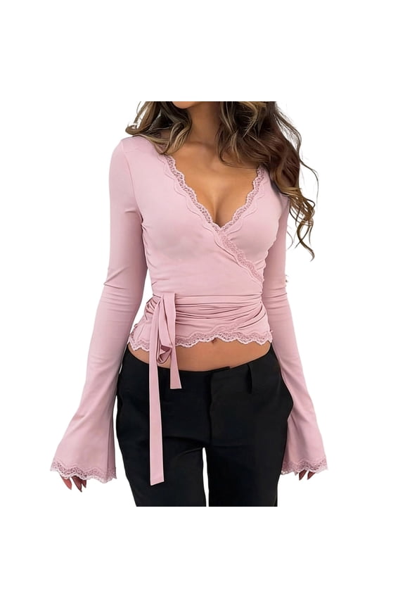 Womens Deep V Neck Wrap Top Long Sleeve Y2k Lace Crop Tops Slim Fit Ballet Self Tie Shirt