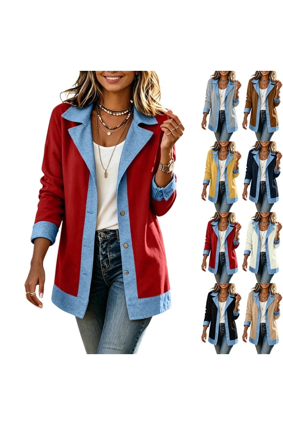 Womens Denim Patchwork Jacket Long Sleeve Lapel V Neck Button Down Shacket Jean Blazer Jackets