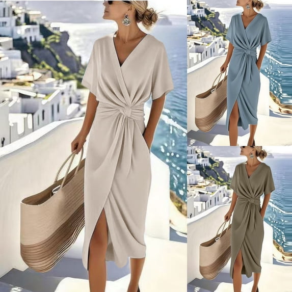 Hilenly Womens Elegant Wrap Dress Short Sleeve V Neck Maxi Dress Twisted Slit Waist Tie Beach Vacation Dress