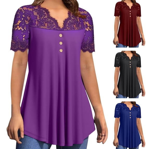 Hilenly Womens Lace Tunic Tops Flowy V Neck Short Sleeve Henley Shirts Dressy Casual Blouses