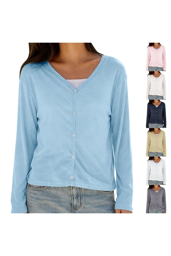 Womens Lightweight Button Down Cardigan Sweaters Long Sleeve V Neck Shrug Sun Protection Clothing Cover Ups