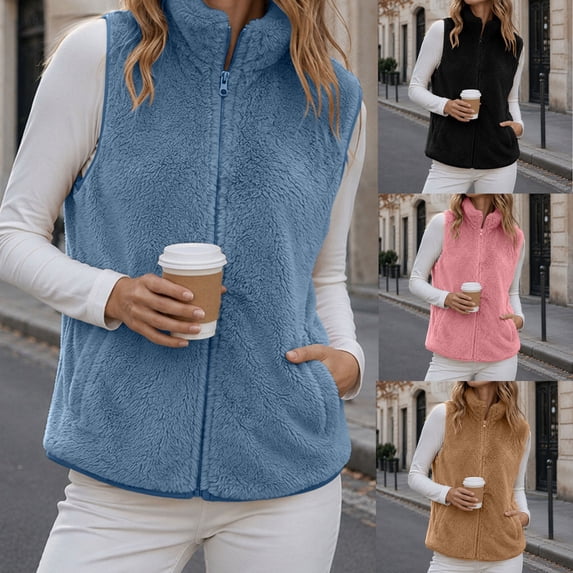 Hilenly Womens Lightweight Fleece Vest Sleeveless Zip Up Sherpa Jacket Stand Collar Fleece Gilet with Pockets