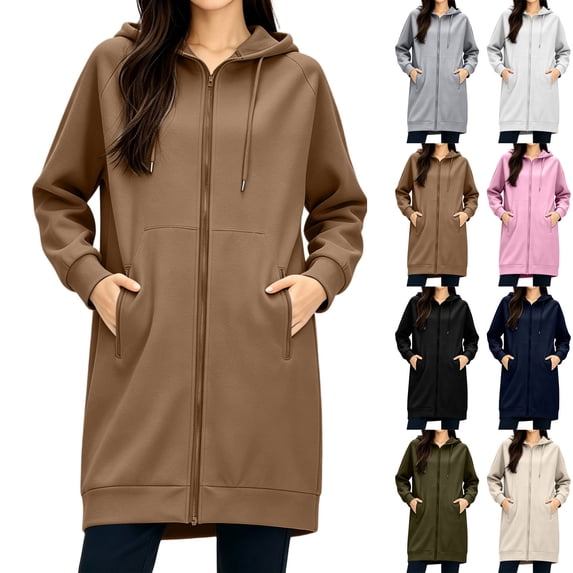 Hilenly Womens Long Zip Up Hoodies Tunic Sweatshirt Dress Comfortable Fall Jacket with Pockets