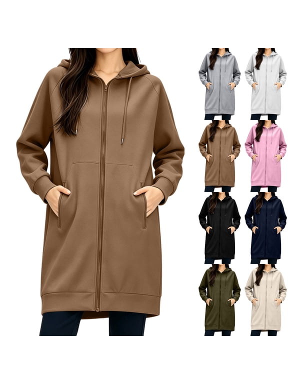 Womens Long Zip Up Hoodies Tunic Sweatshirt Dress Comfortable Fall Jacket with Pockets