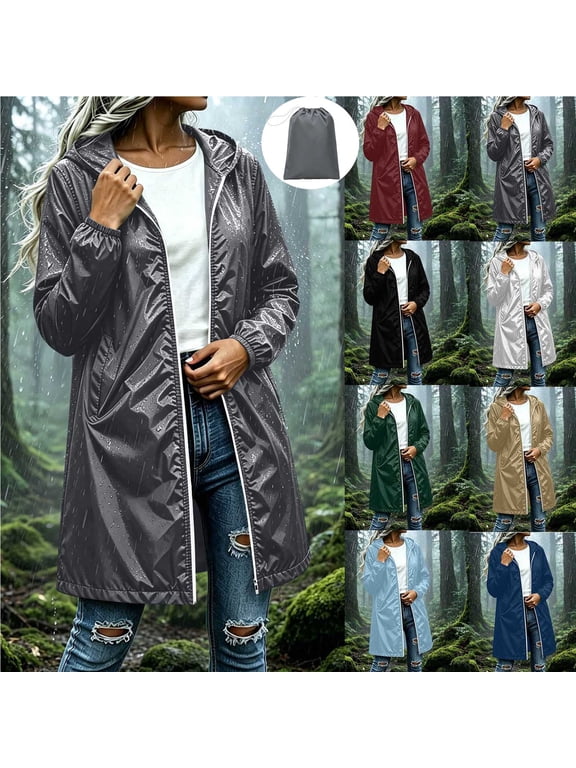 Womens Packable Rain Jacket Waterproof Long Rain Coats Hooded Trench Coat Rain Poncho