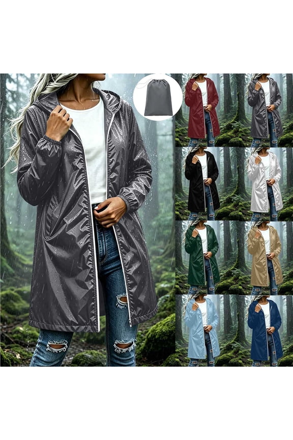 Womens Packable Rain Jacket Waterproof Long Rain Coats Hooded Trench Coat Rain Poncho