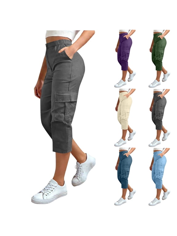 Womens Plus Size Cargo Capris Lightweight Hiking Capri Pants Quick Dry Casual Outdoor Trip Loose Cropped Pants with Pockets