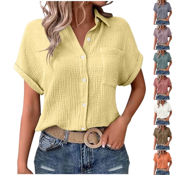 Hilenly Womens Plus Size Cotton Shirts Short Sleeve Button Down Blouse Summer Collared Tops with Pocket