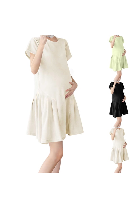 Womens Summer Maternity Dress Short Sleeve Pleated Tshirt Dress Loose Fit Pregnancy Clothes