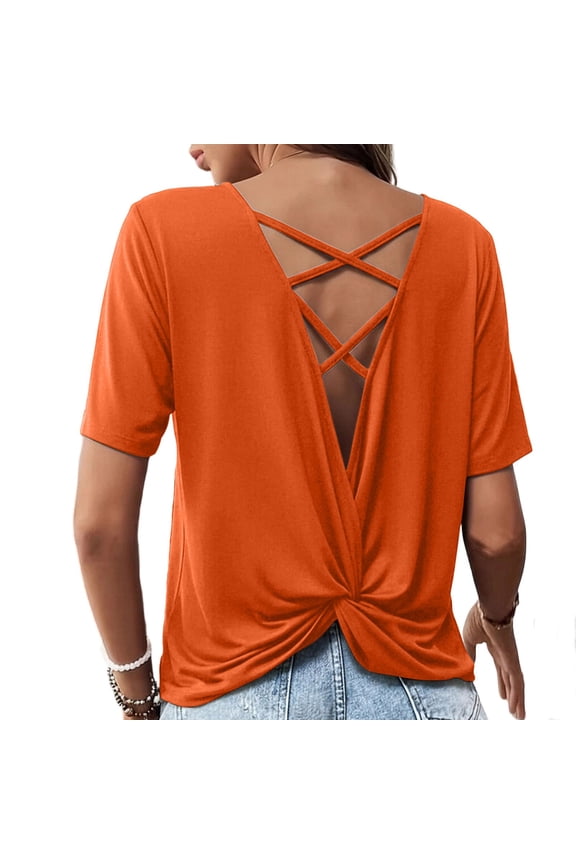 Womens Summer Shirts Twist Criss Cross Open Back Tops Short Sleeve Crewneck T Shirt