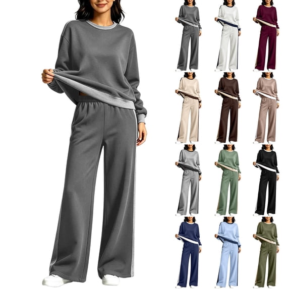 Hilenly Womens Sweatsuits 2 Piece Set Casual Crewneck Long Sleeve Pullover Sweatshirt Sweatpant Color Block Tracksuits