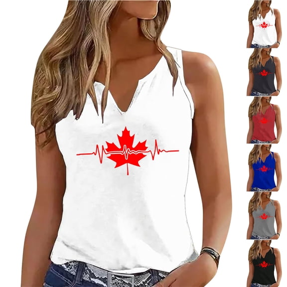 Hilenly Womens Tank Tops V Neck Sleeveless Shirts Canada Maple Leaf Print Summer Basic Tees