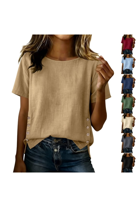 Womens Tops Short Sleeve Cotton Linen Shirts Summer Crewneck Tshirts Side Split Blouse