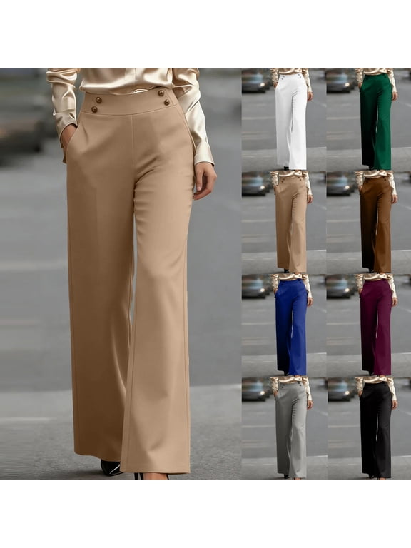 Womens Wide Leg Dress Pants Stretchy High Waist Work Pants Business Casual Pants with Pockets Buttons