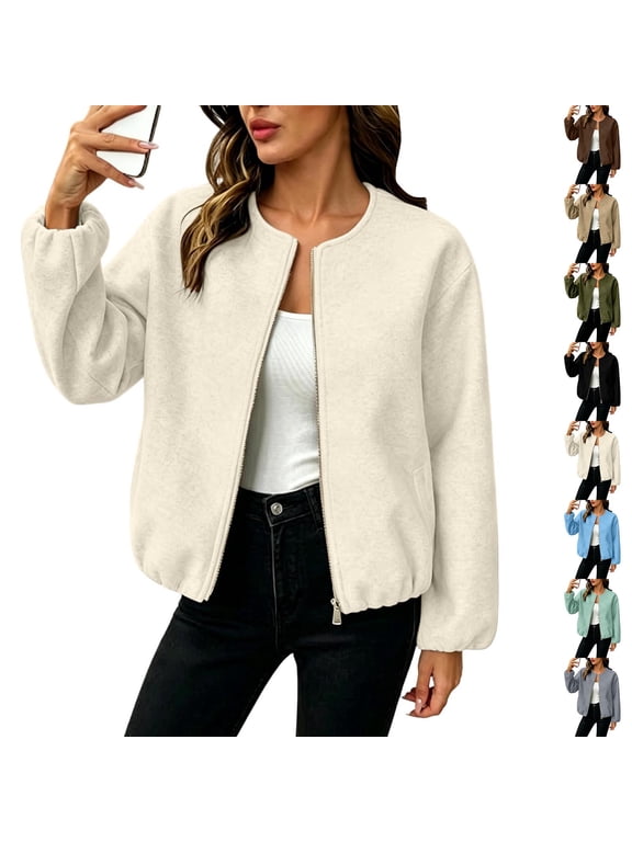 Womens Wool Blend Zip Up Cropped Jacket Crew Neck Short Pea Coats Bomber Jackets