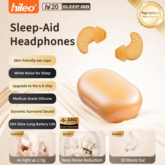 Hileo Hi20 Sleep Bluetooth Earphones with Dual Mark ANC Active Noise Reduction, Transparent White Noise, Lightweight, No Ear Pressure, Fit, No Drop, Touch