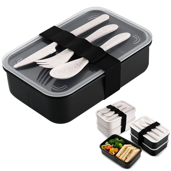 Hilingoto Black Single‑Layer Lunch Box with Divided Compartments, Portable Food Container with Fork & Spoon, Leak‑Proof for schol Or Picnic
