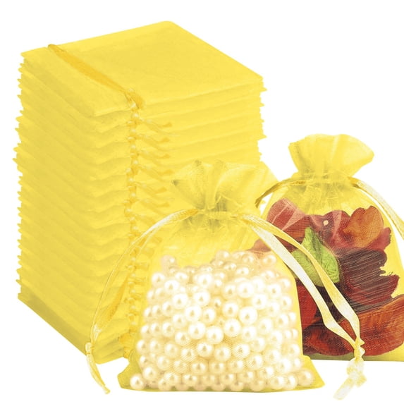 Hilingoto Christmas Sale ! Candy Bags 100Pcs Yellow, Organza Drawstring Bags for Wedding Favors, Small Gift Bags for Jewellery, Lavender & Candy Storage, 7X9Cm, Bulk Pack for Party Supplies