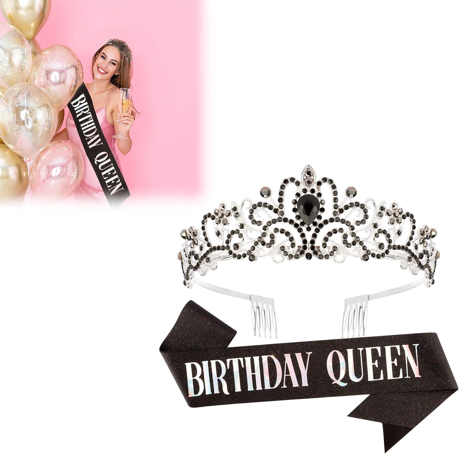 Silver Crystal Birthday Girl Tiara with Glitter Sash