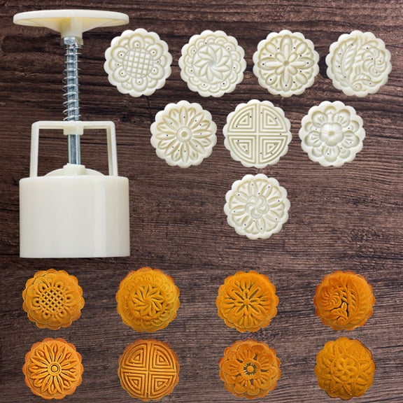 Hilingoto Diy Mooncake Press Mold Set, Hand-Press Tool for Making Cookies and Pastries, Includes 8 Interchangeable Patterns