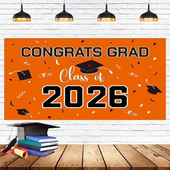 Hilingoto Graduation Banner Class Of 2026, Large "Congrats Grad" Plastic Banner for Party Decoration, Photography Background, Orange, 100*150Cm