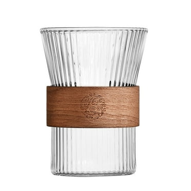 Hilingoto Storage Container, Wooden Ring Cup Kettle, Ribbed Glass Carafe with Wood Lid | Airtight Clear Glass Pitcher for Water Juice Bar Iced Tea | Gift Boxed Drink Containers for Fridge