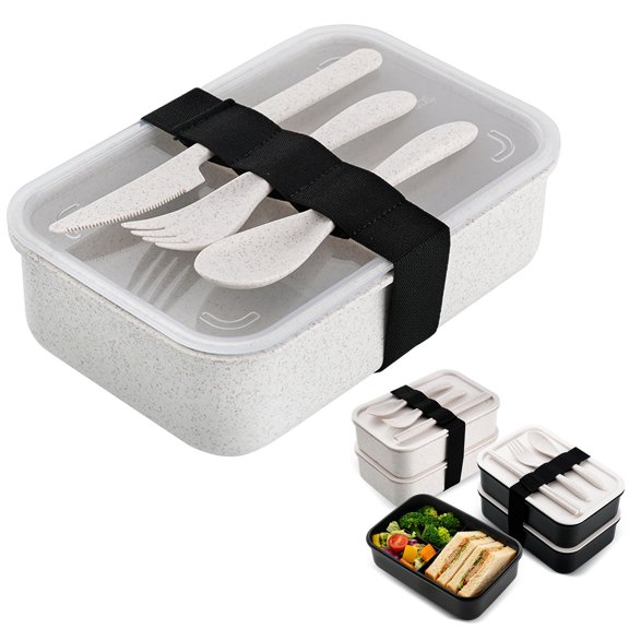 Hilingoto White Single‑Layer Lunch Box with Divided Compartments, Portable Food Container with Fork & Spoon, Leak‑Proof for schol Or Picnic