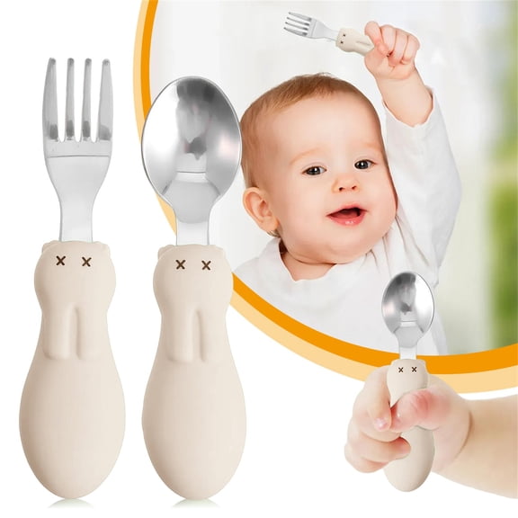 Hilingoto toddler Utensils forks and Spoons, ki-ds Silverware Set with Plastic Handle Stainless Steel, Dishwasher Safe ba-by Flatware for Self Feeding, Beige 2Pcs